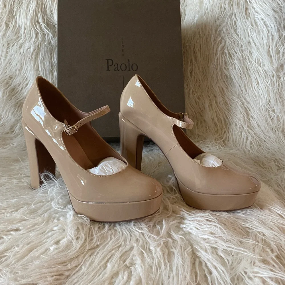 NWT Linea Paolo Isadora Mary Jane Platform Pumps, Maple Sugar Patent, Size 9.5
